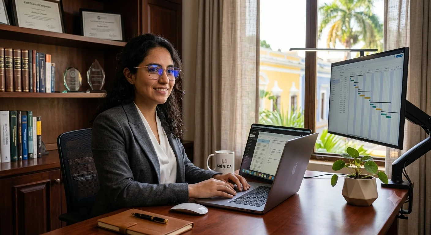 Persona usando lentes con filtro azul frente a una computadora en Mérida